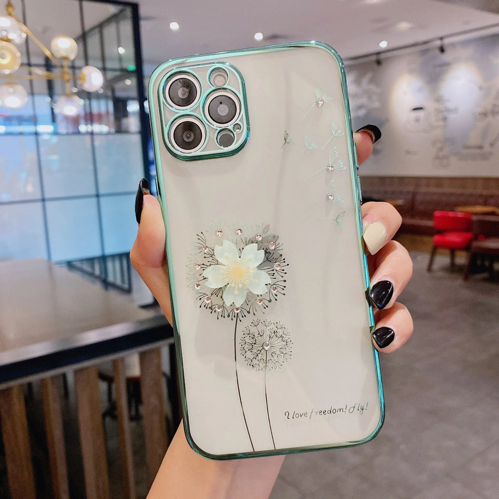 Green iPhone case with 3D floral design and a rotating kickstand extended from the back.