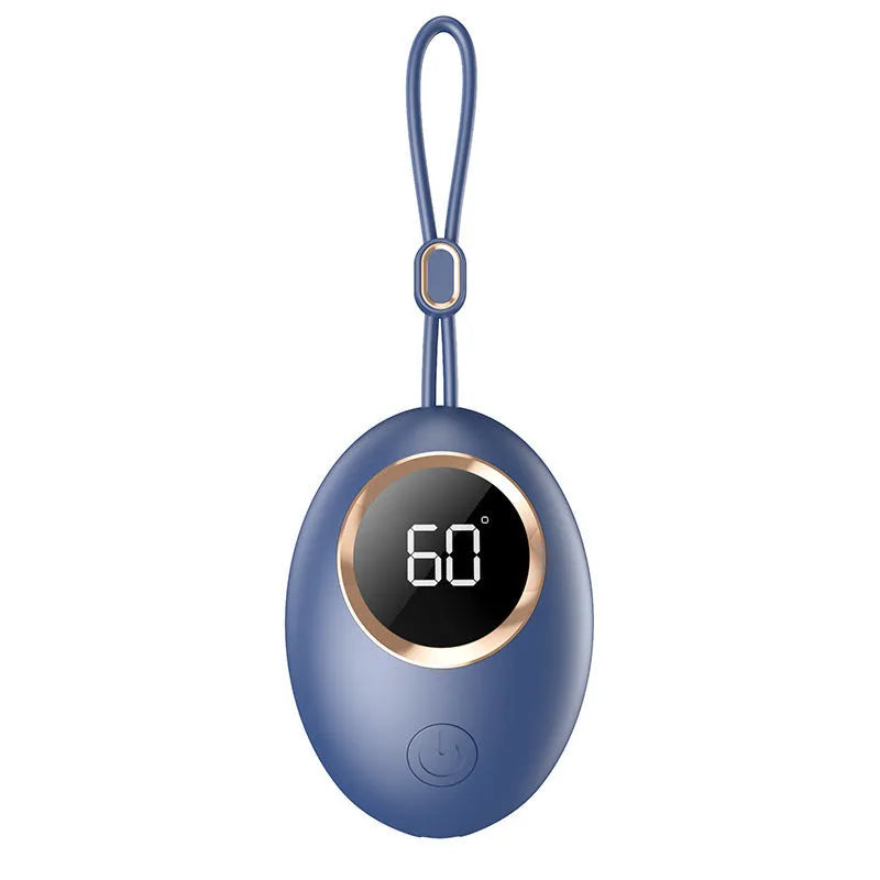 Compact hand warmer power bank with digital display in pink and other colour options.
