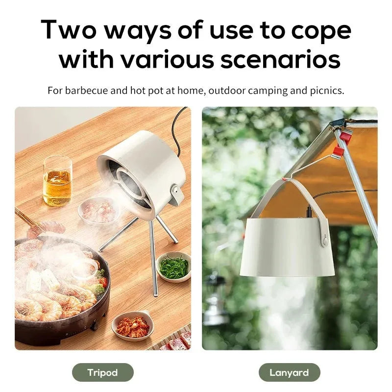 Milky white portable USB desktop exhaust fan with tripod stand and removable filter screen.