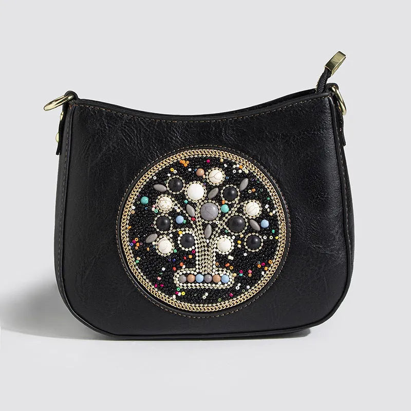 Straw bead turquoise ethnic style tote bucket crossbody bag for women with PU lining