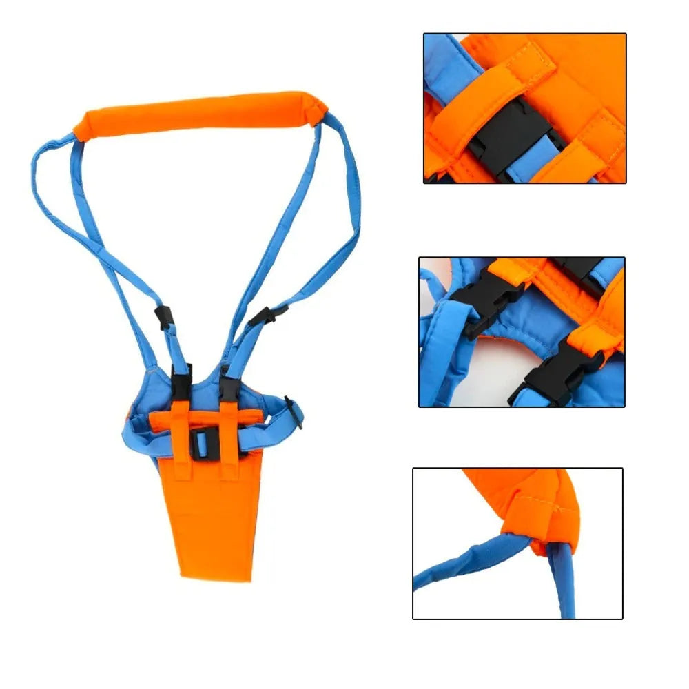 Baby toddler walking harness in orange and blue with adjustable strap and plastic locks