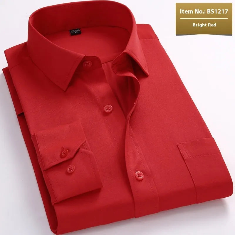 Men's white flax linen business shirt showing pink diagonal pattern and red plain colour options.