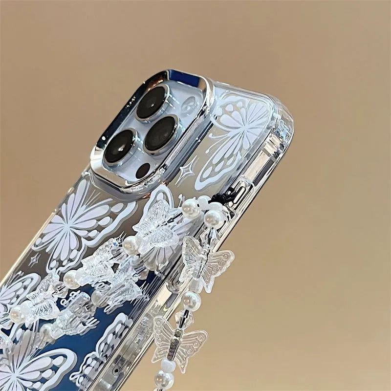 Transparent three-in-one mirror iPhone case with bow decoration and detachable bracelet accessory