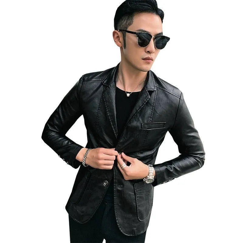 Fashion casual men's suit leather jacket in black with colour block design, shirt collar, double-breasted front, and patch pockets