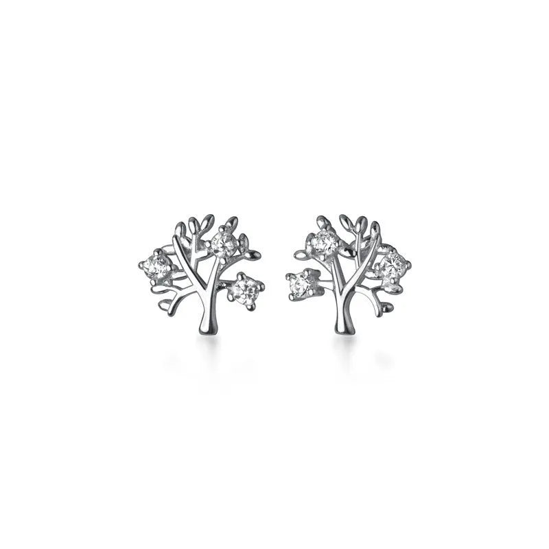 White gold coloured copper stud earrings with cute little tree design electroplated finish for women