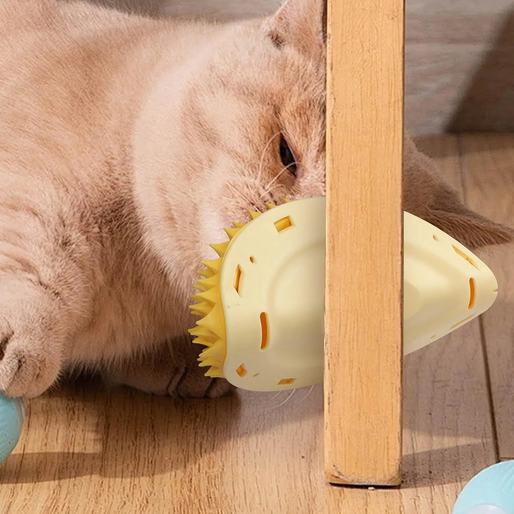 Yellow durian-shaped cat corner scratcher and massage comb mounted on a wall.