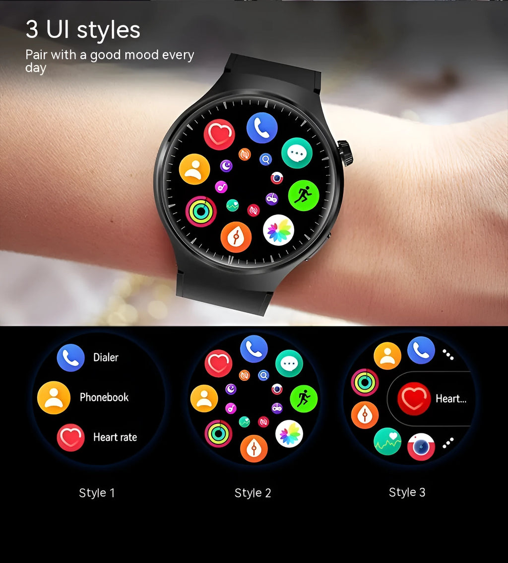 Smart watch set with health monitoring and Bluetooth calling in black, gold, and silver options
