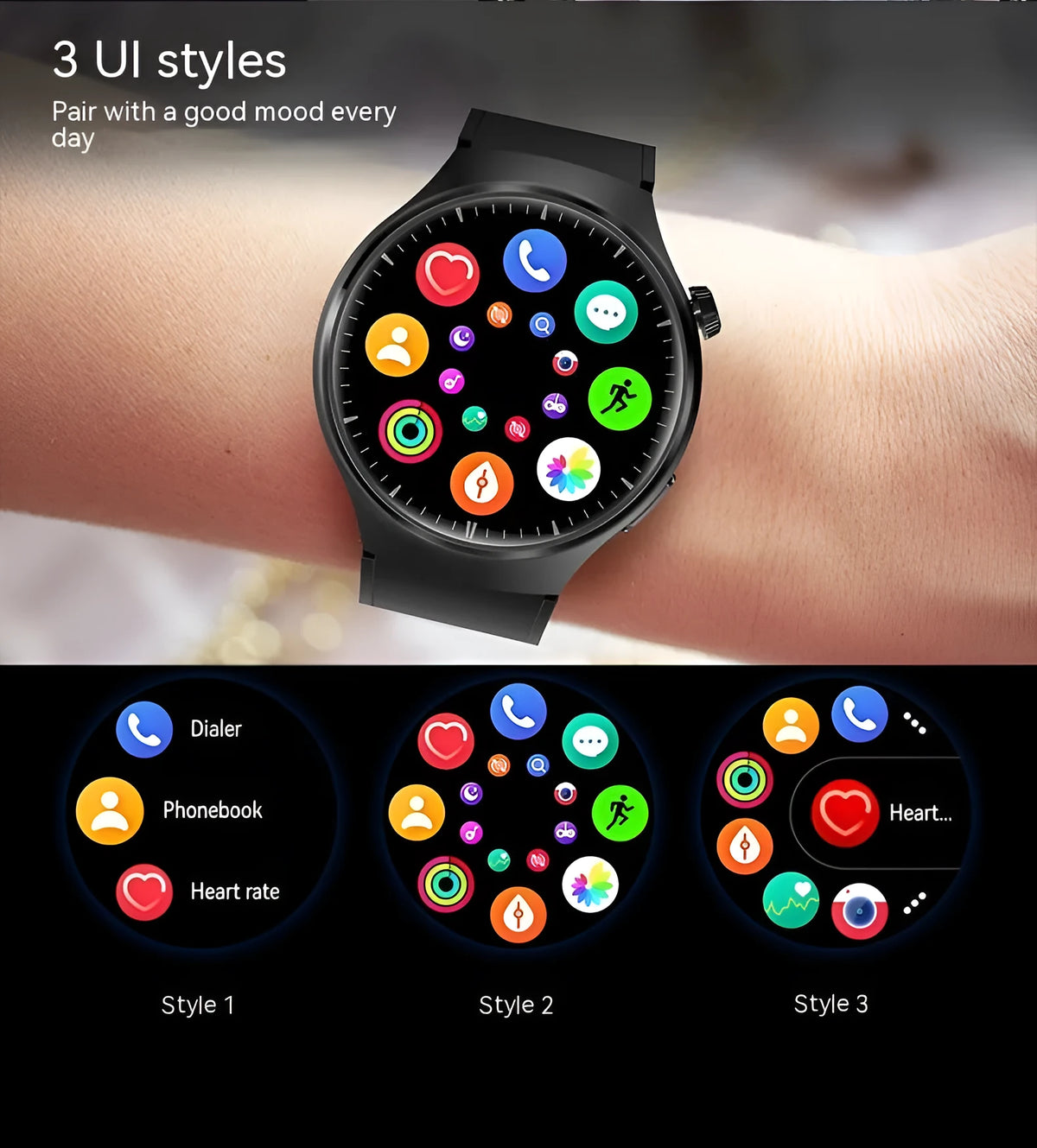 Smart watch set with health monitoring and Bluetooth calling in black, gold, and silver options