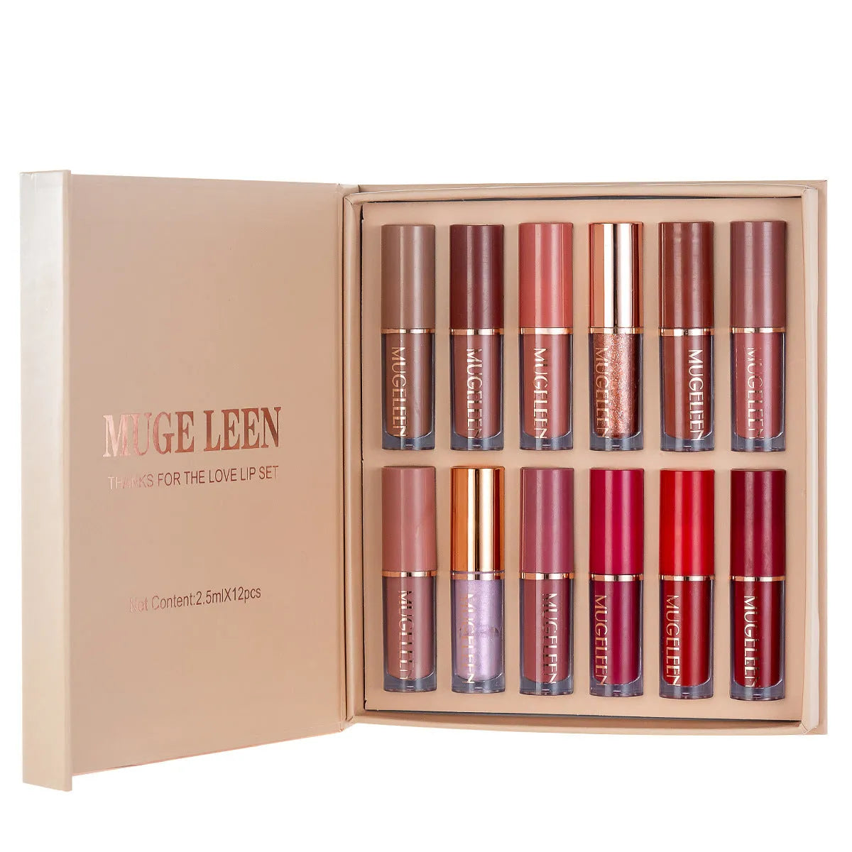 Matte shimmer lip glaze set with 12 colours featuring non-stick cup technology