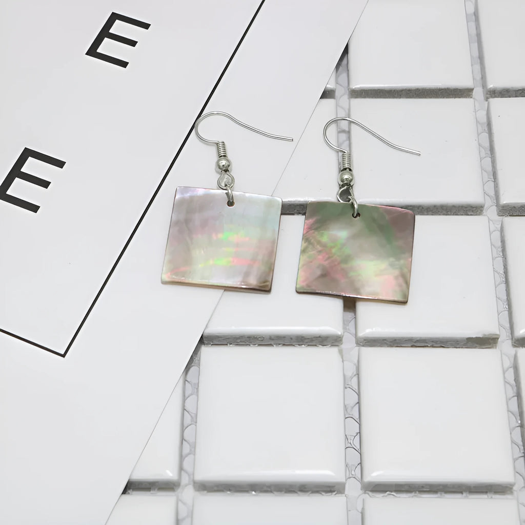 Geometric shell earrings for women in rectangular shell and square panther designs with retro natural styling