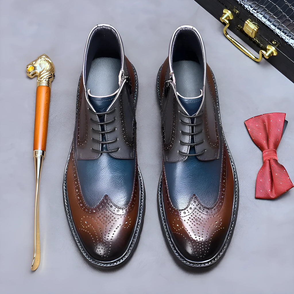 Men's coffee blue brogue boots with carved leather detailing and front lacing
