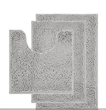 Chenille long hair three-piece bathroom carpet set with U-shaped mat in sage green.