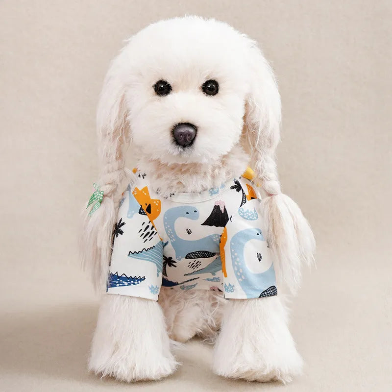 Full print casual T-shirt on a small dog, showing the patterned polyester fabric.