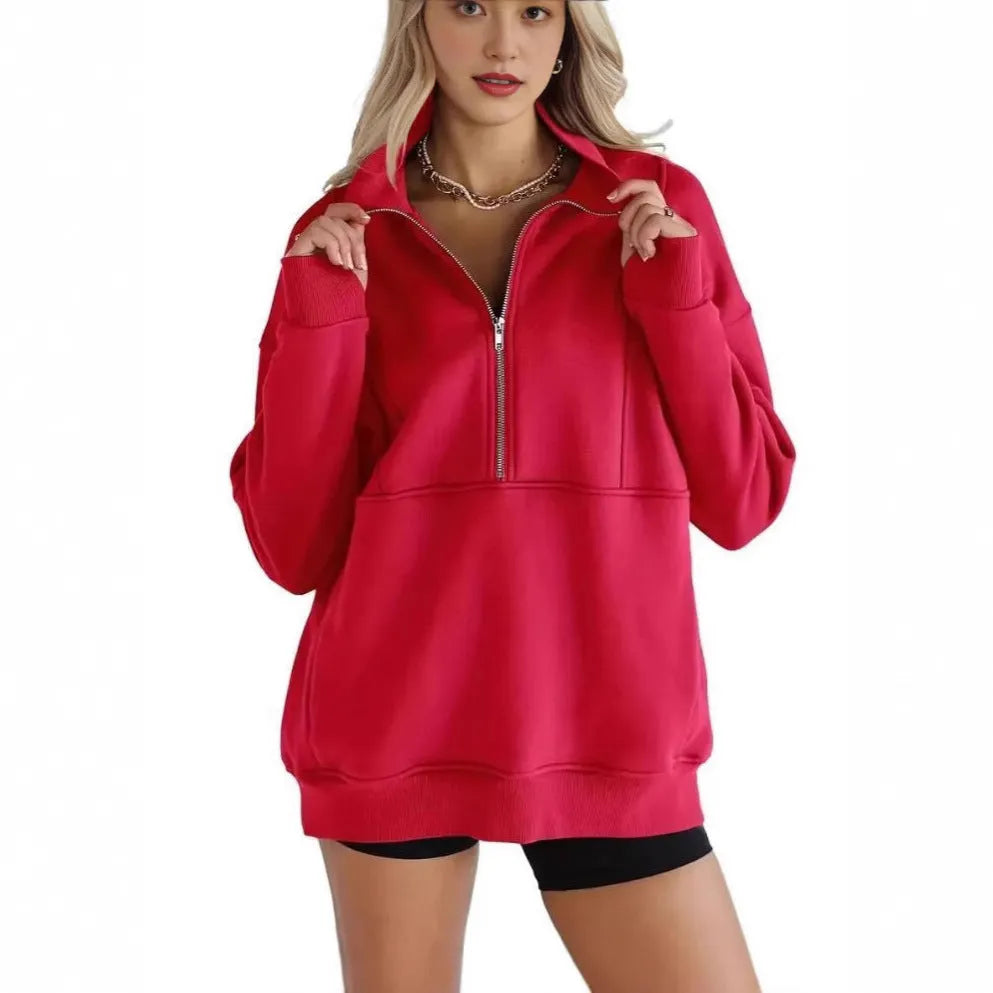Women's loose fit hoody with zip patchwork pockets, thick brushed polyester pullover in multiple colours