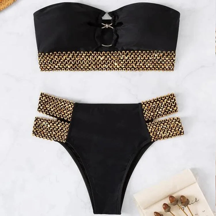Hollow beach bikini split swimsuit in black with chest pad nylon fabric women two piece