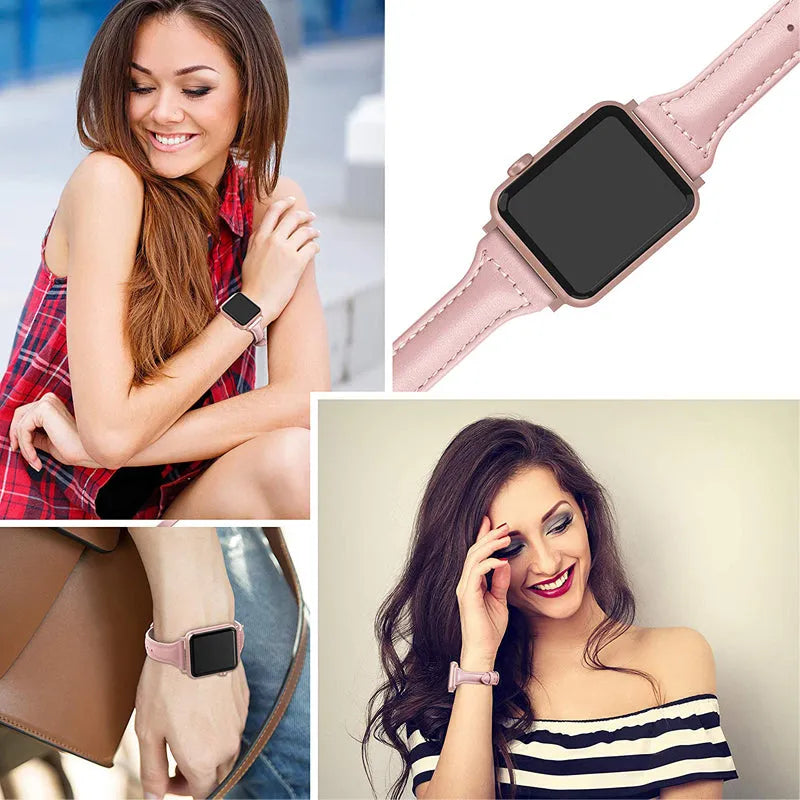 T-shaped thin genuine leather watch strap for Apple Watch 7th gen 41mm 45mm, adjustable metal buckle, 157-228mm wrist