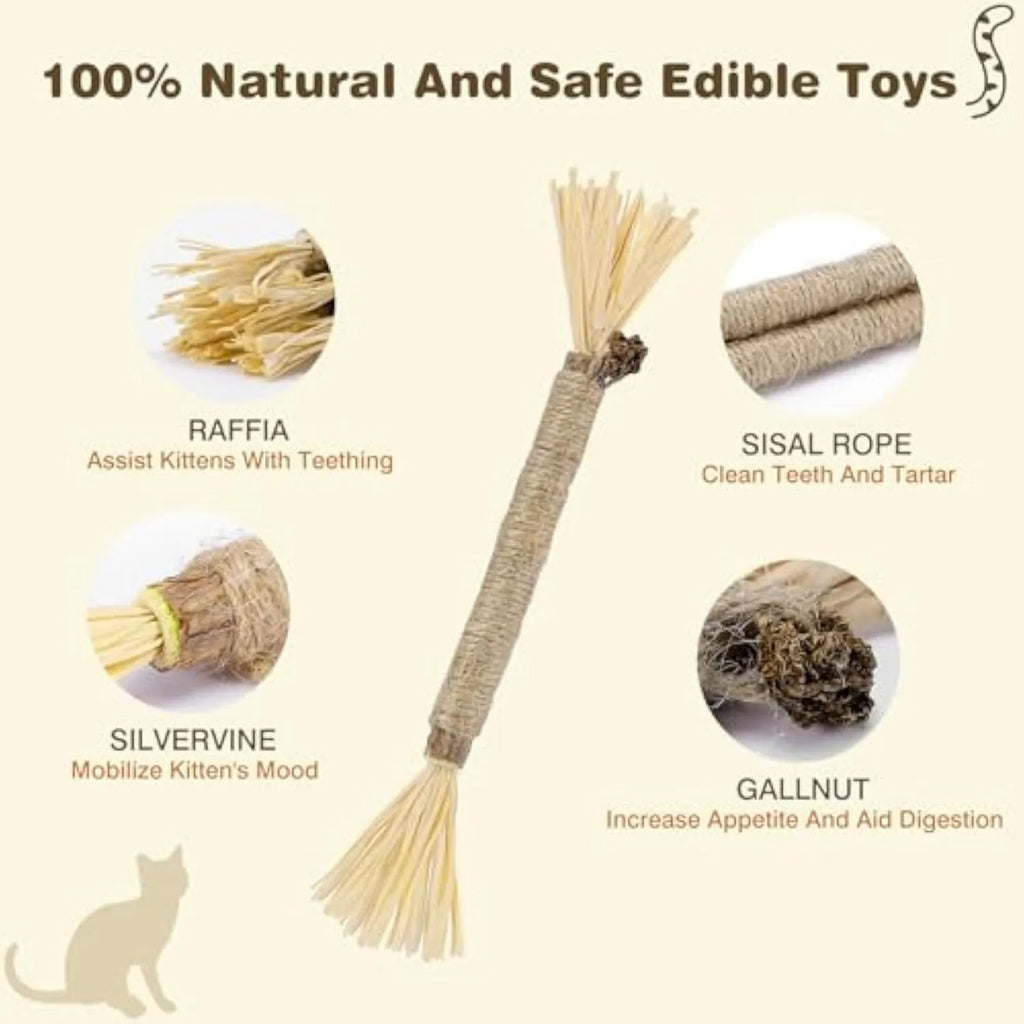 Three natural silvervine cat chew sticks with sisal rope and raffia for dental care and teeth cleaning
