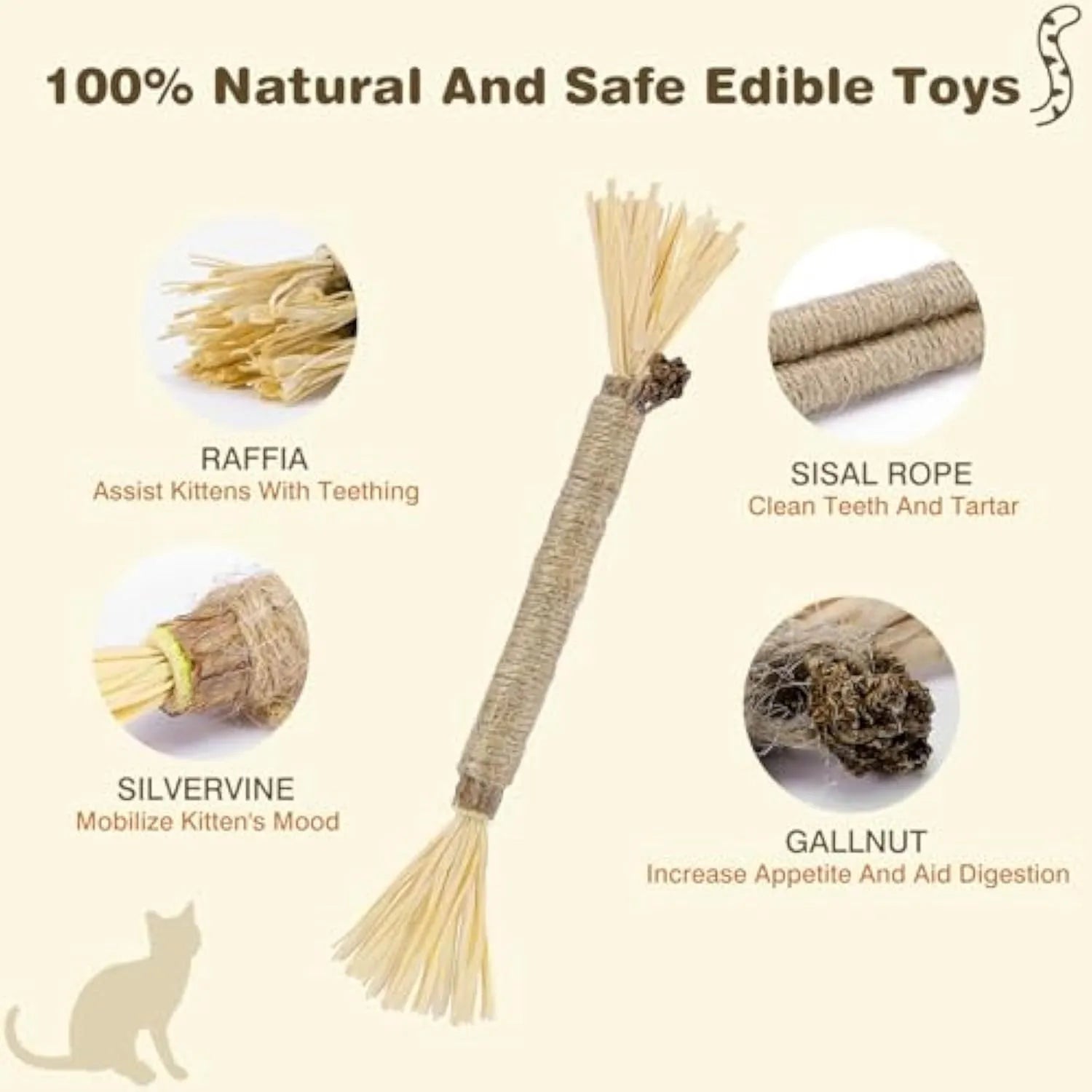 Three natural silvervine cat chew sticks with sisal rope and raffia for dental care and teeth cleaning
