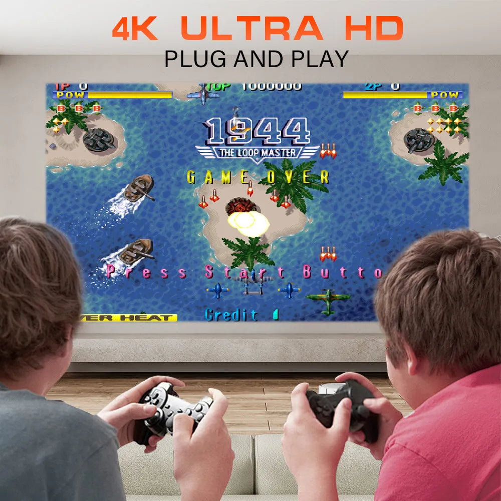 M300MAX portable projection game machine in red or white box with game handles.