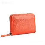 Genuine leather zipper coin purse in solid colour with anti-theft feature and sewing line detail.