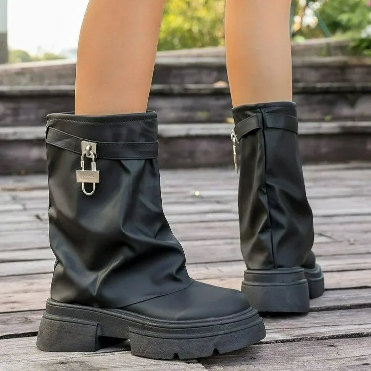 Black women's thick-soled Martin boots with side zipper, round toe, mid heel, synthetic leather upper, cotton lining