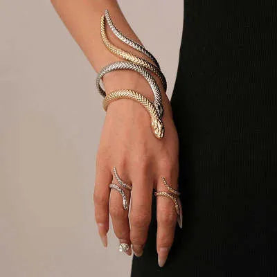 Gold electroplated metal exaggerated twisted winding snake ring and bracelet jewellery set