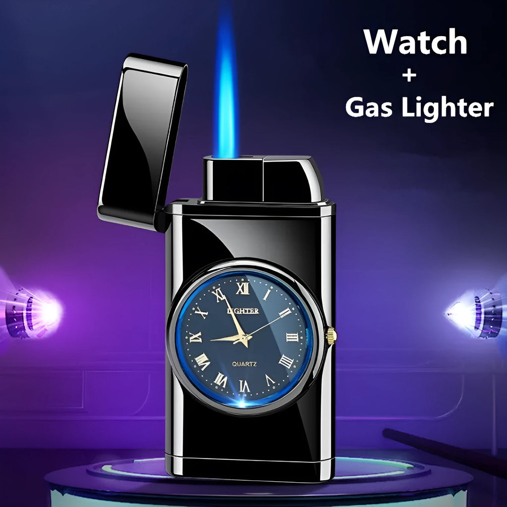 Electronic watch lighter showing LED digital display integrated with butane gas lighter mechanism in brushed metal body