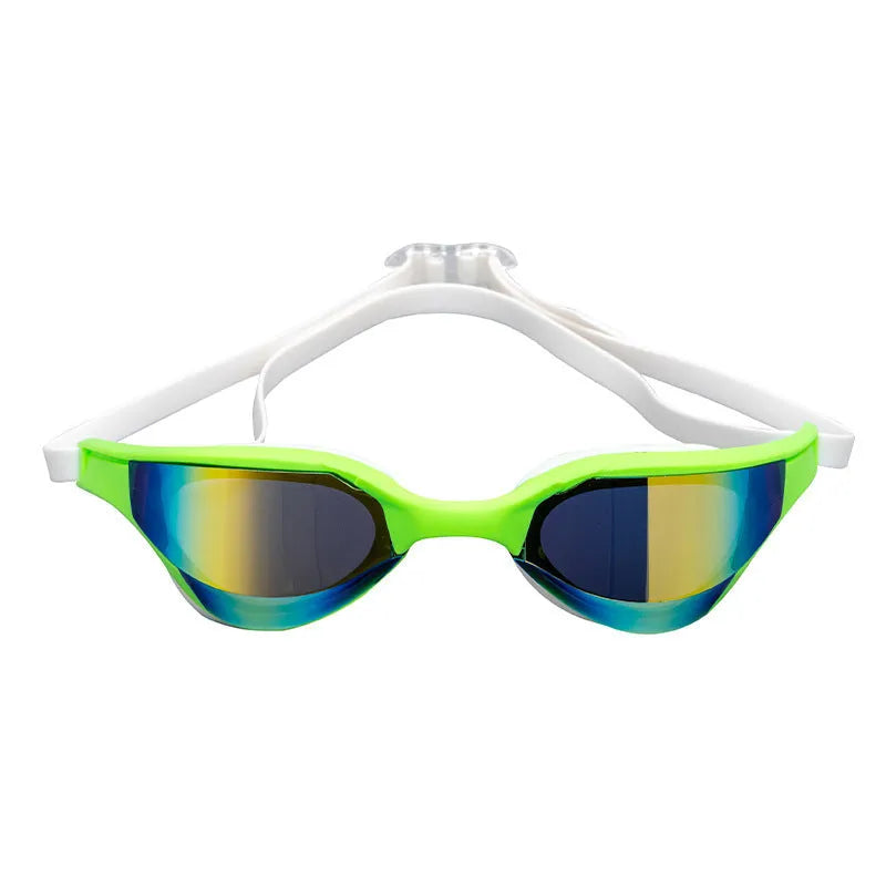 Racing style anti-fog waterproof swimming goggles showing adjustable nose bridges on a blue background