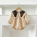 Long sleeve cotton romper dress with floral collar and butt wrap buttons for toddler girls