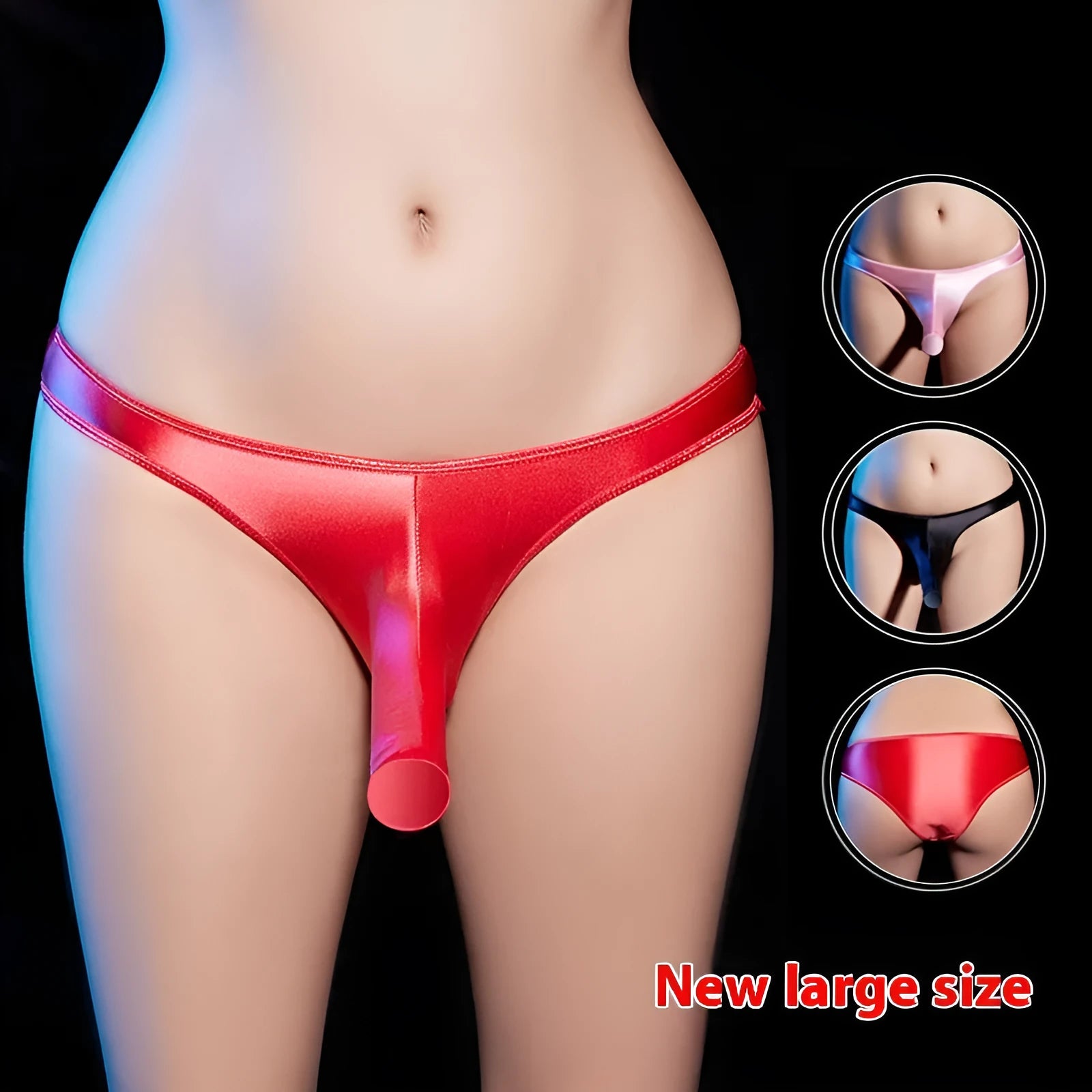 Men's low waist T-back underwear in shiny black nylon on a white background