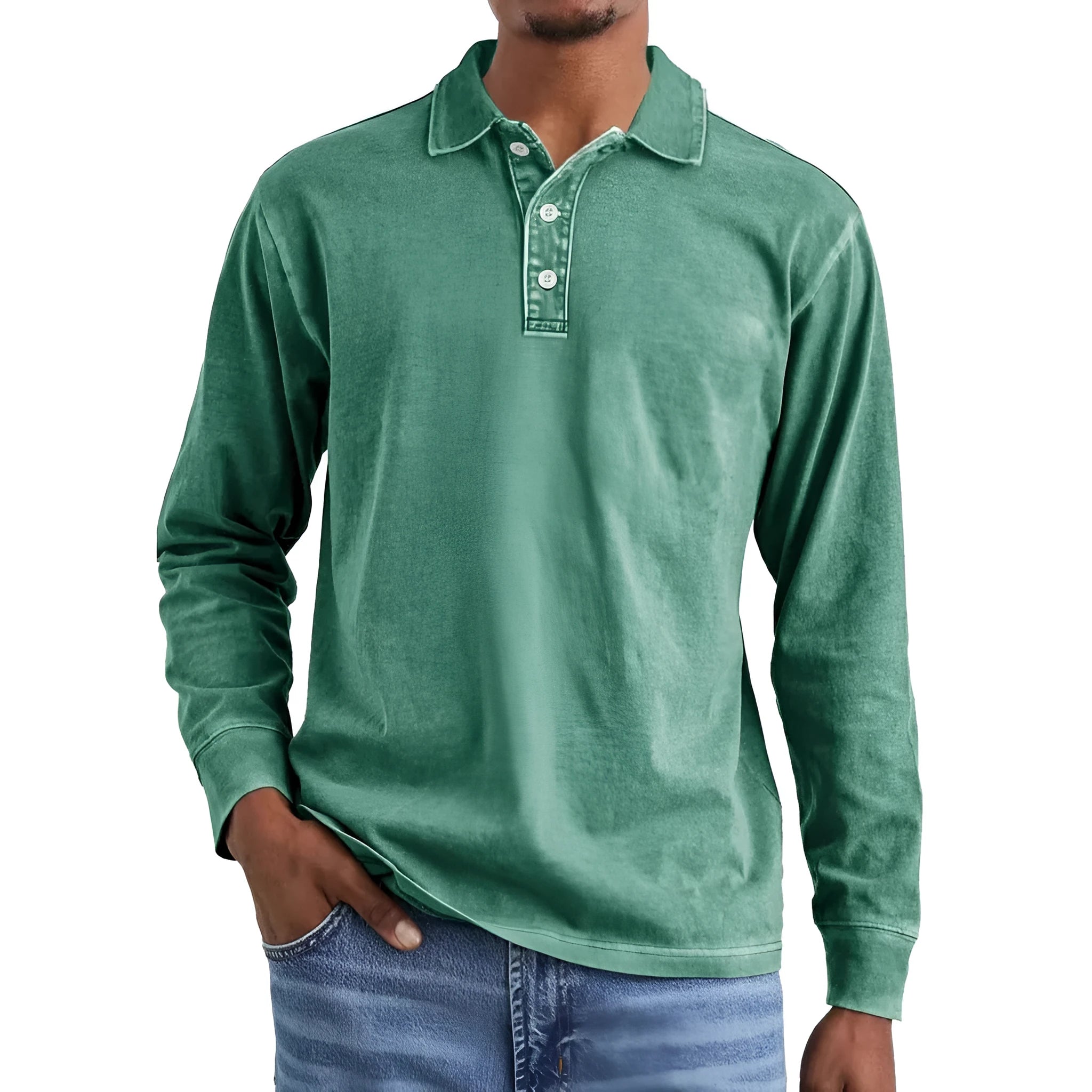 Retro washed long sleeve polo shirt in Army Green on a hanger.