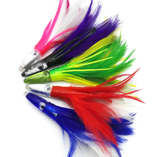 Acrylic sea fishing lure with resin fish head, feathered dress, and octopus headband, 14cm 32g