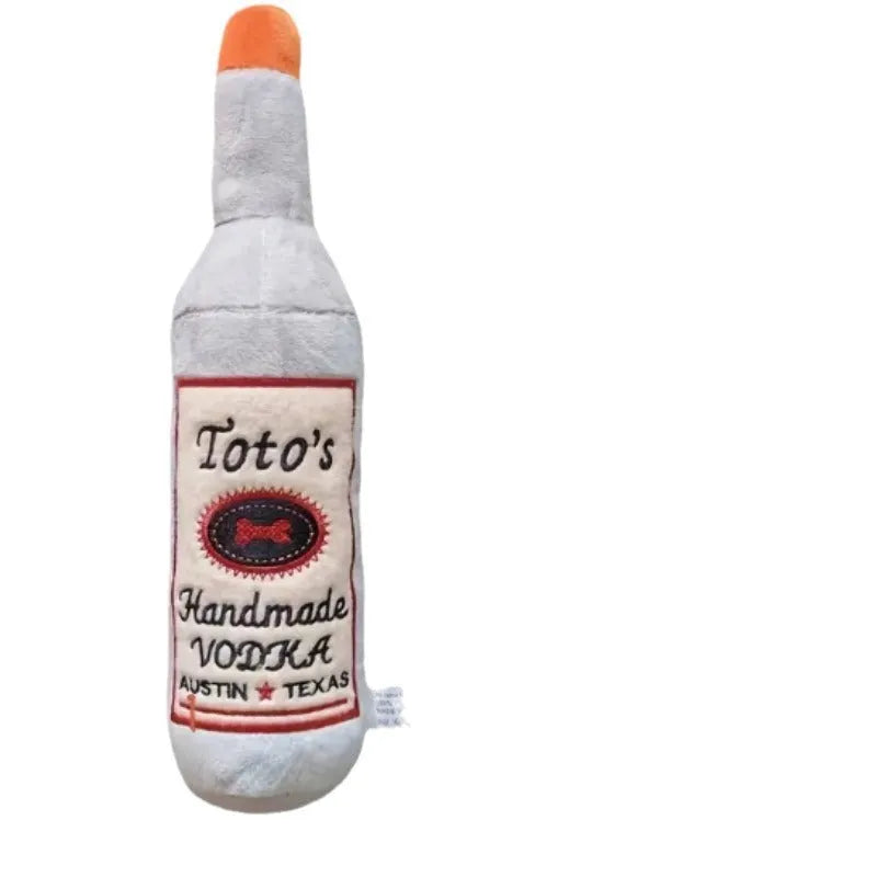 Brown plush wine bottle shaped dog toy with squeaker for puppies and small dogs