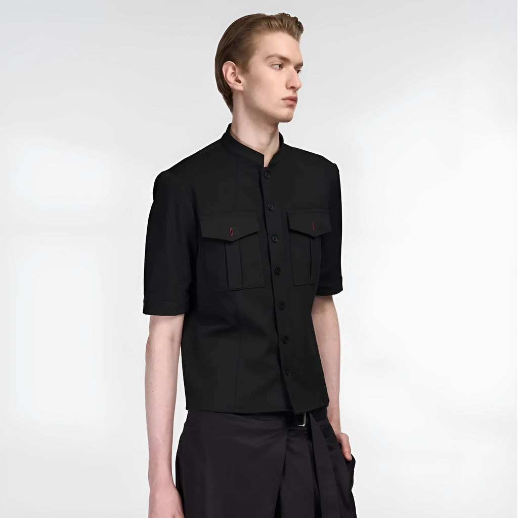 Handmade black half sleeve men's shirt with a shirt collar and loose fit for casual hunting wear.