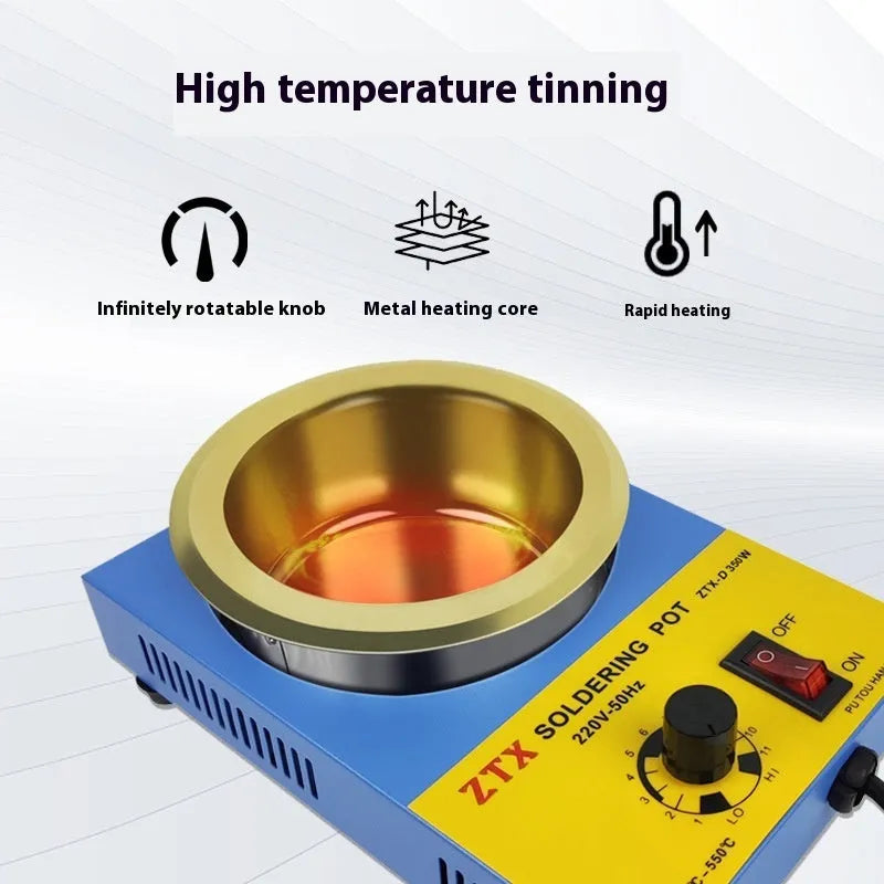 Desktop adjustable temperature tin melting furnace with thermostat dial and titanium-plated crucible.