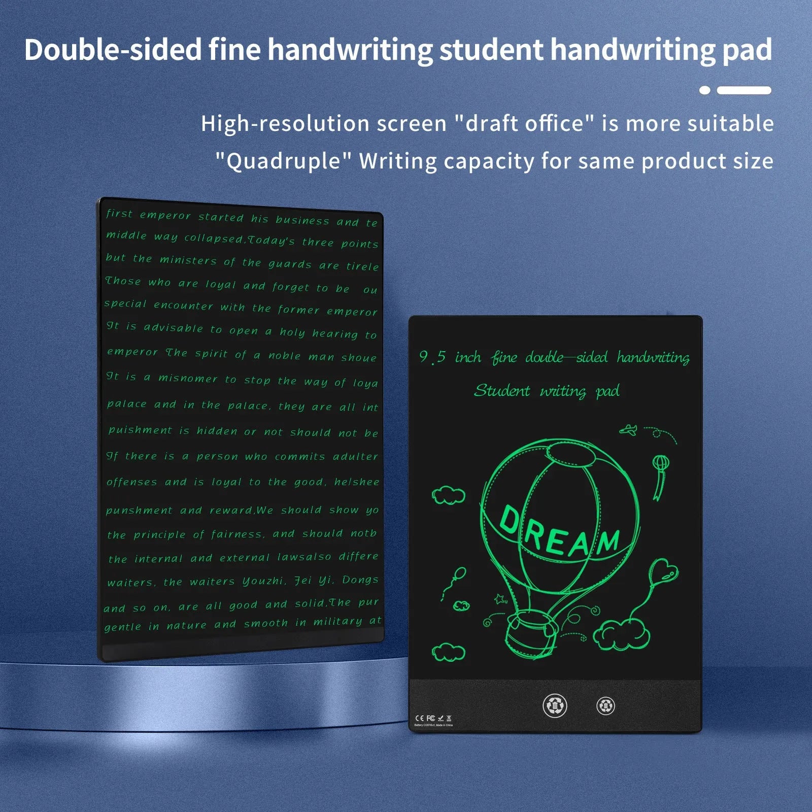 Single colour double-side LCD handwriting board 9.5 inch in white with pen on surface