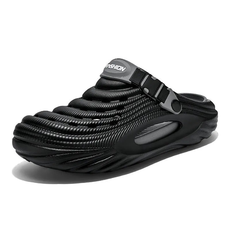 Men's solid colour EVA platform slippers with a hollow-out design, shown in light green.