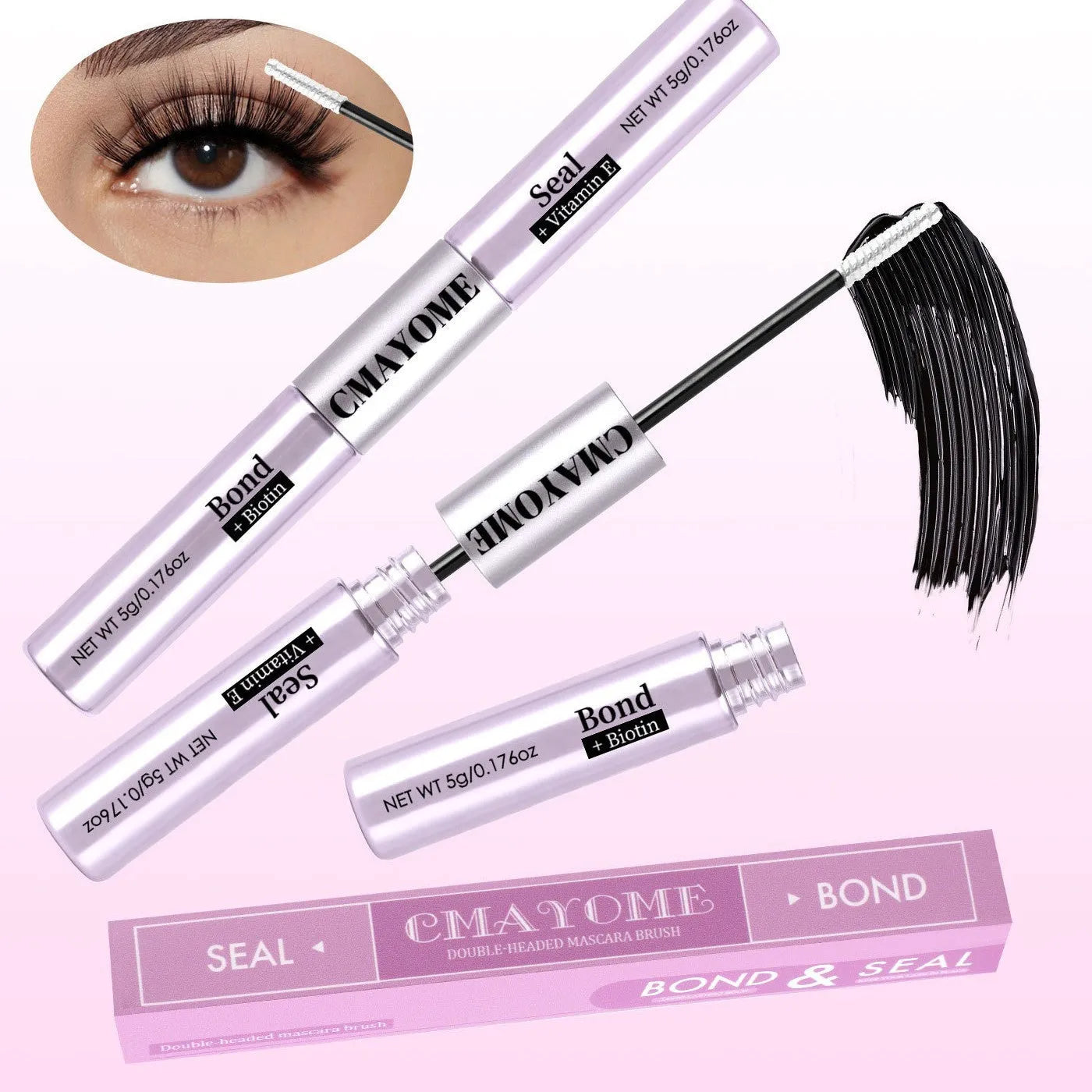 Double-headed eyelash glue in waterproof quick setting split type format with black lid and applicator tip