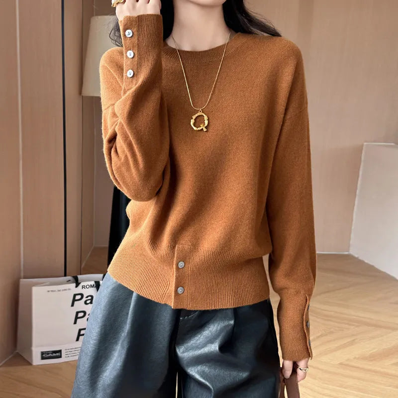 Women's French-style button split turtleneck sweater in wool, thick knit, 50cm length, mint green caramel brown purplish red raw velvet rice, sizes M L XL.