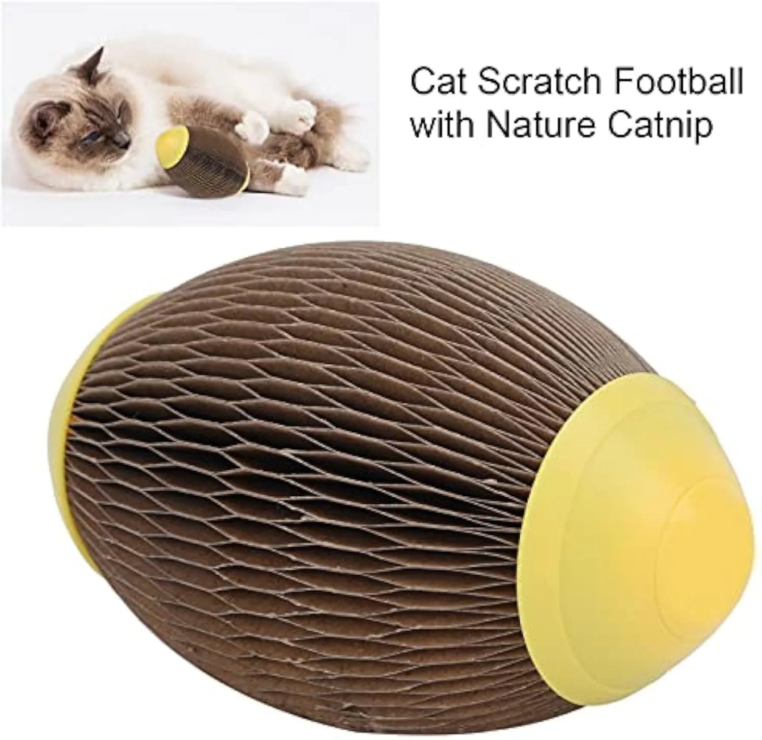 Ellipse shaped corrugated paper catnip ball scratch toy measuring 65mm by 108mm