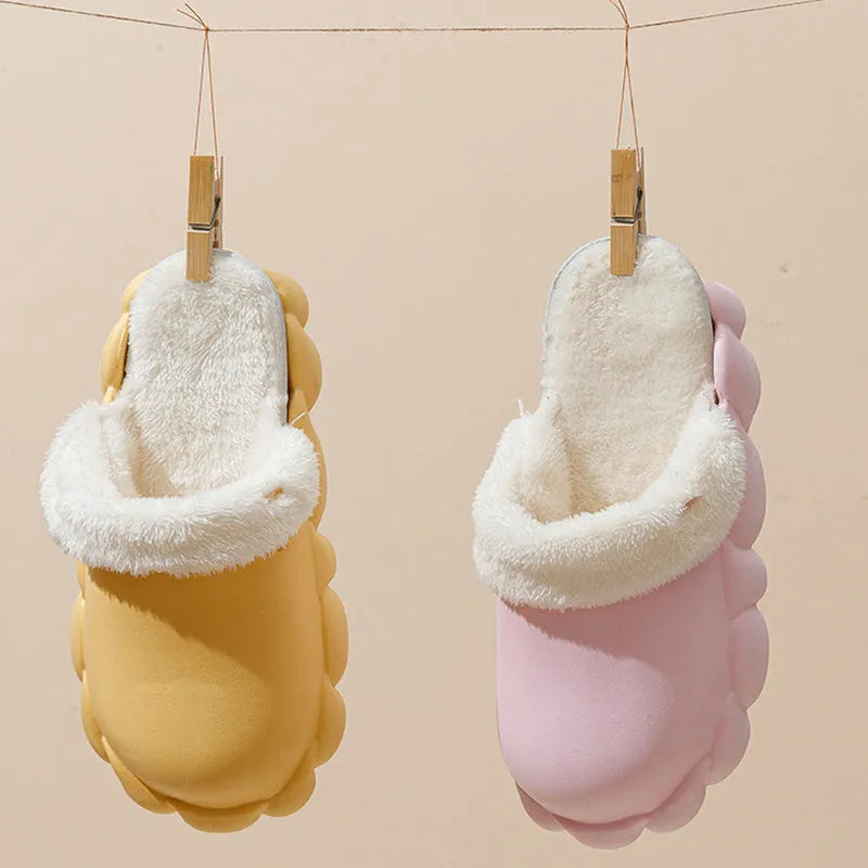 Waterproof EVA winter slippers with plush lining, non-slip sole, in pink, yellow, green, grey, black, sizes 36-45.