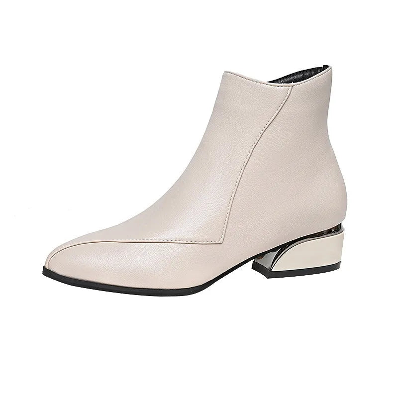 Women's chunky heel Martin boots in black with side zipper and leather stitching, mid heel 3-5CM, rubber sole