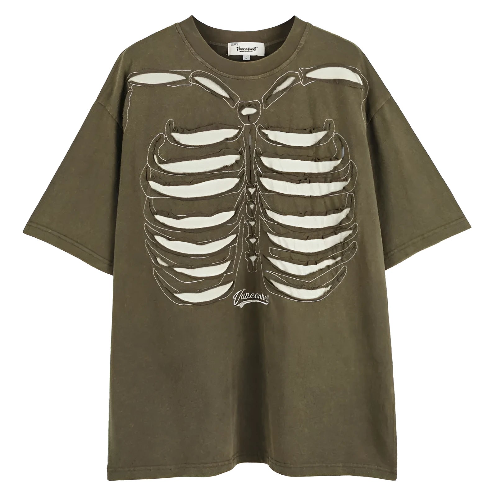 Loose fit black cotton t-shirt with skull and letter print, featuring drop-shoulder short sleeves.