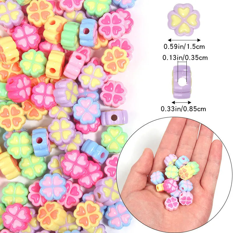 15mm acrylic four-leaf clover beads with love pattern in random mixed colours