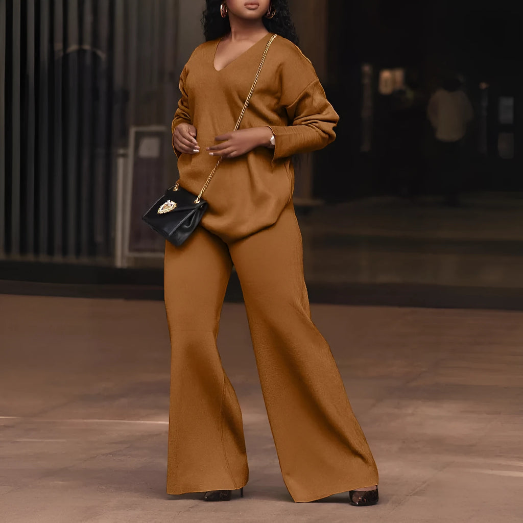Women's brown suede two-piece suit with split sleeves and trousers