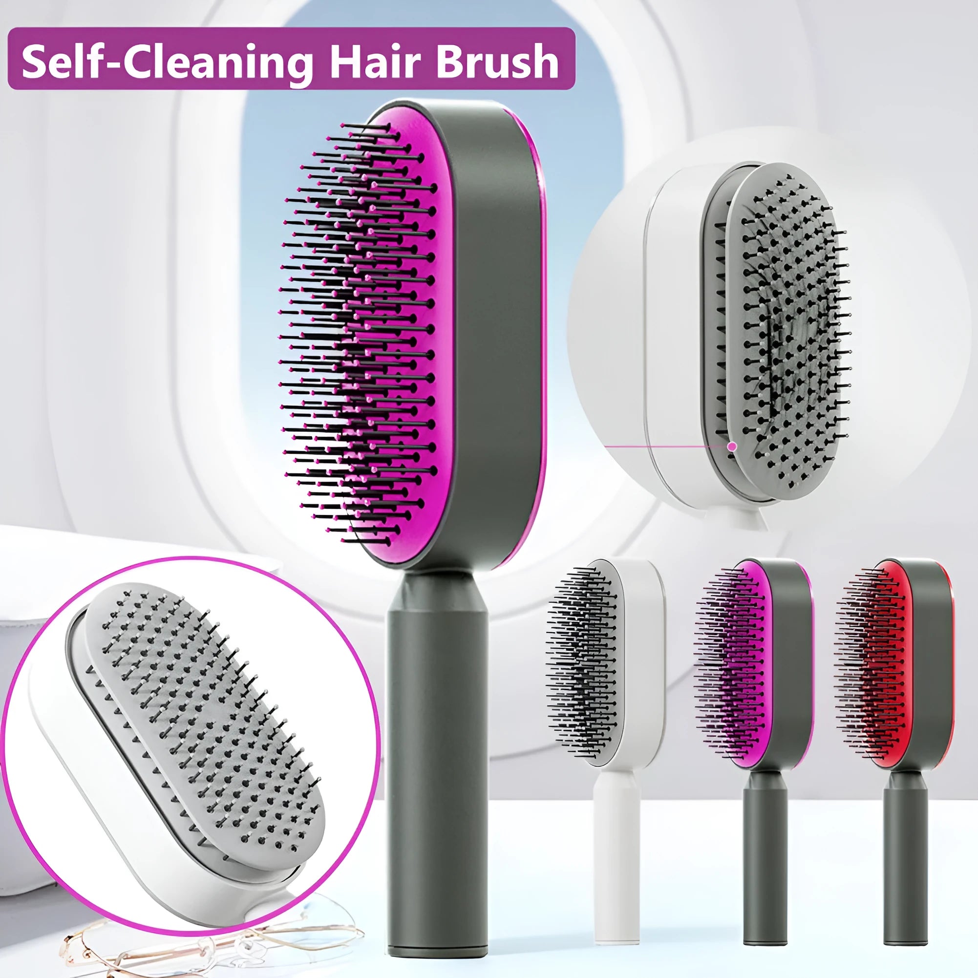Self-cleaning hair brush with air cushion design and one-key cleaning function in various colour options