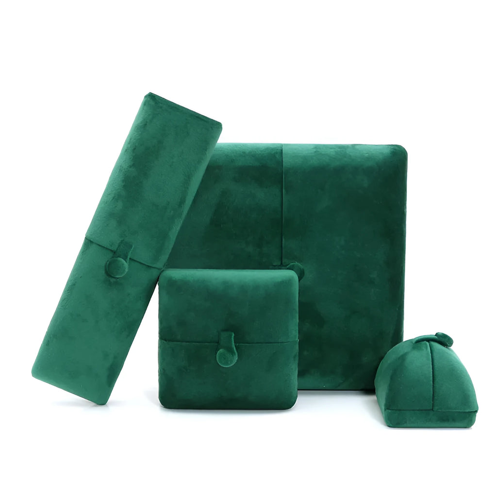 Dark green velvet flannel double door flip jewellery box with gold plated hinges for rings and accessories