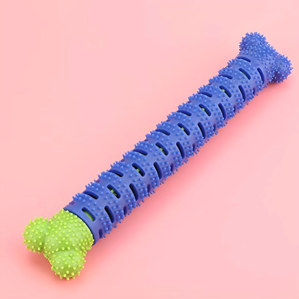 Blue and green silicone dog dental chew toy with textured brush head for teeth cleaning.