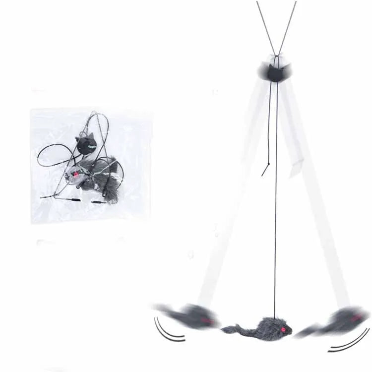 Pet telescopic hanging door cat toy with mouse plush on elastic rope attached to a door frame