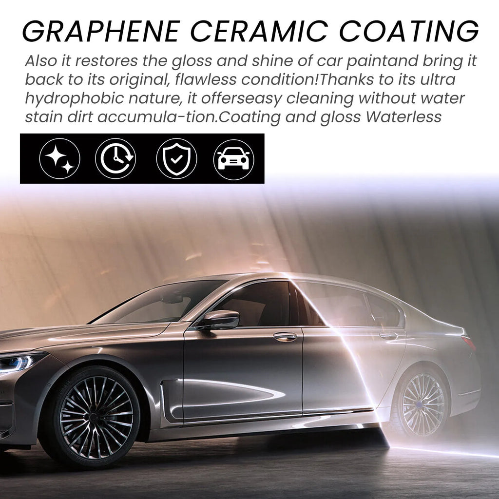 Automotive graphene ceramic coating kit showing 70ml bottle, sponge, towel, gloves and cloths
